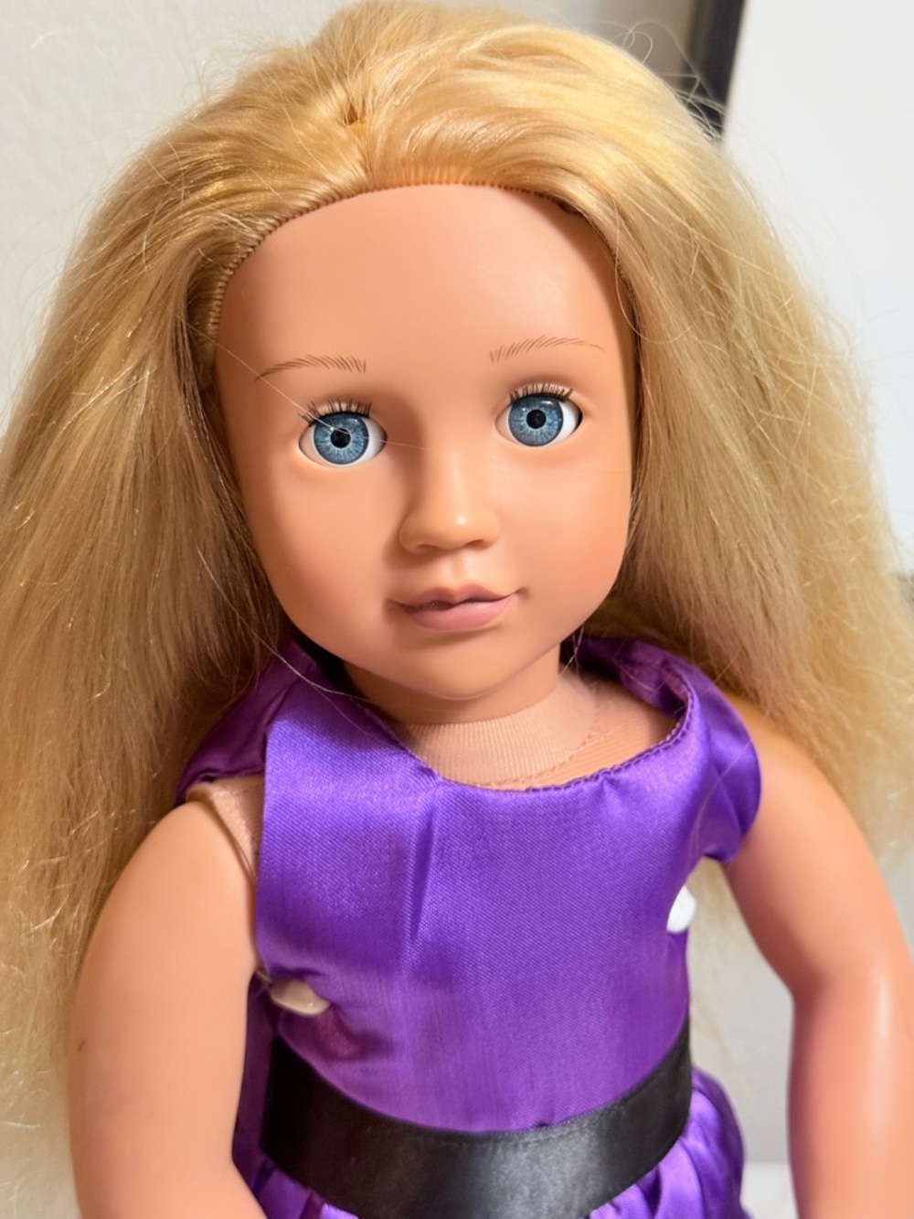Our Generation Blonde Doll With Handmade Satin Purple Formal Dress